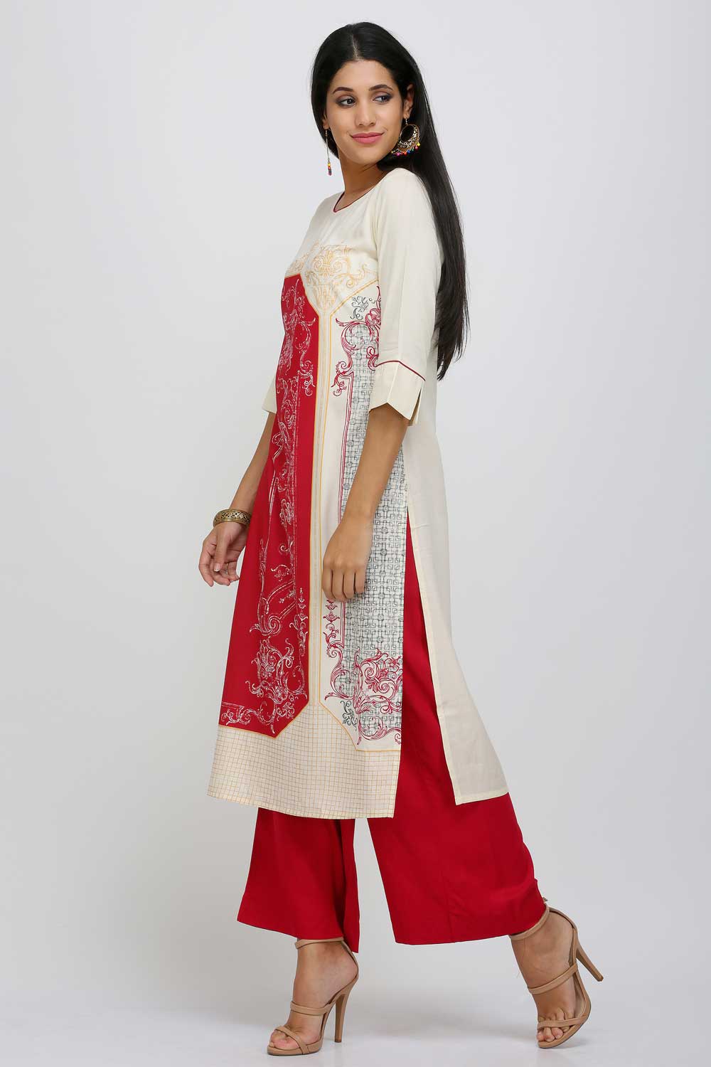 Red Printed Round Neck kurta