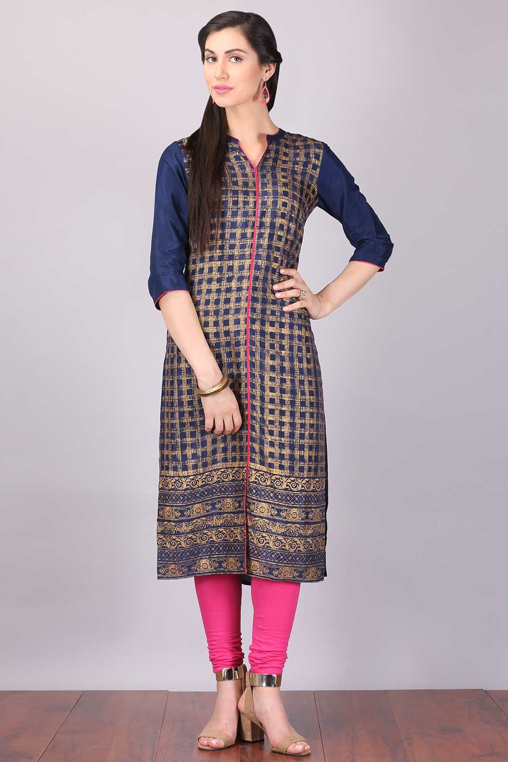 Navy Blue Mandarin Neck Printed kurta - XS