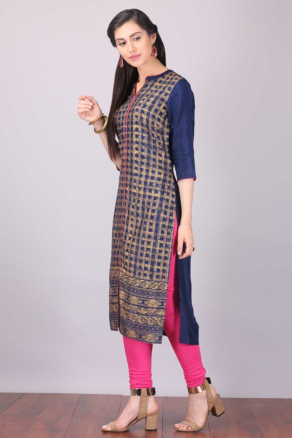 Navy Blue Mandarin Neck Printed kurta