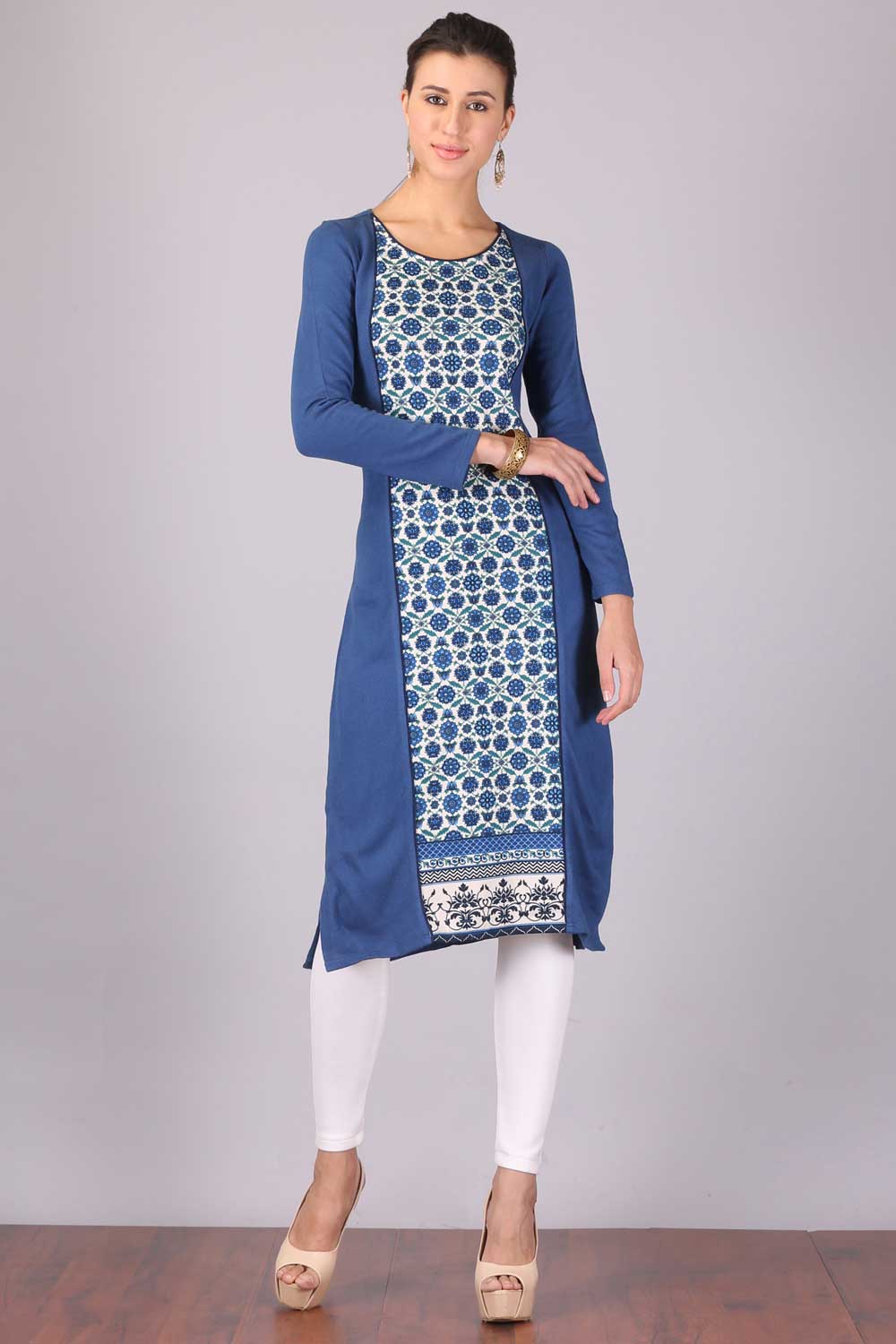 Blue Printed Round Neck Winter kurta