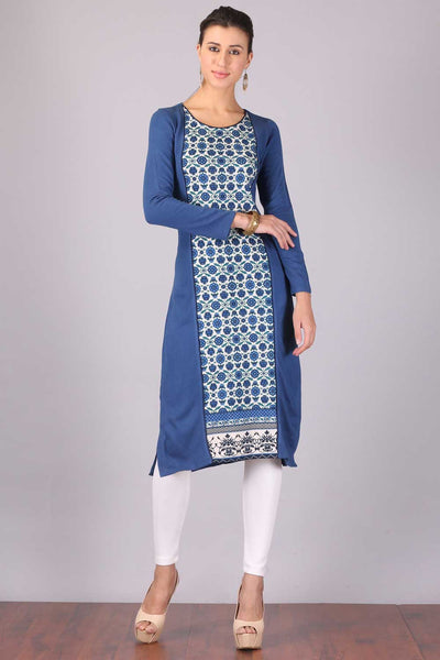 Blue Printed Round Neck Winter kurta