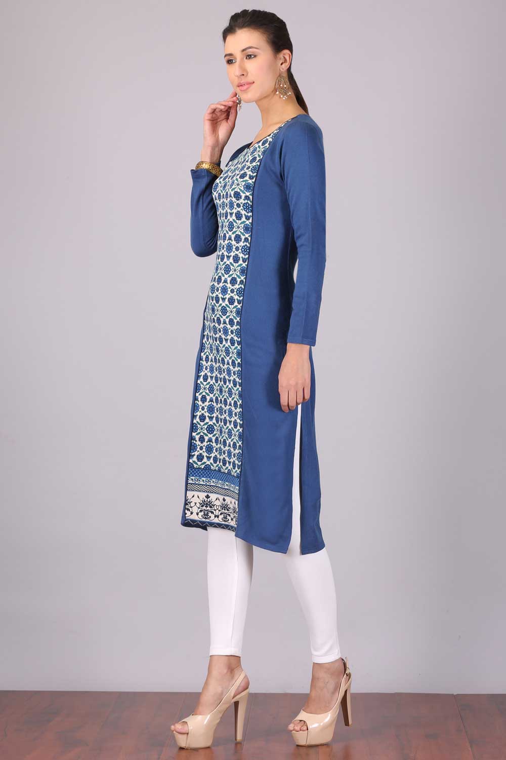 Blue Printed Round Neck Winter kurta