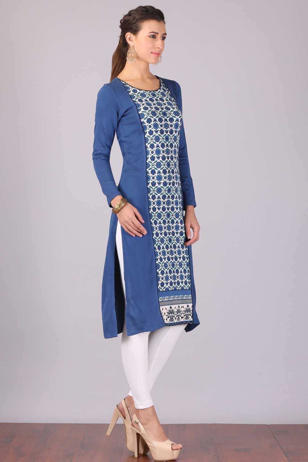 Blue Printed Round Neck Winter kurta