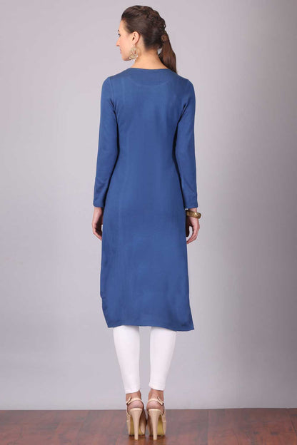 Blue Printed Round Neck Winter kurta