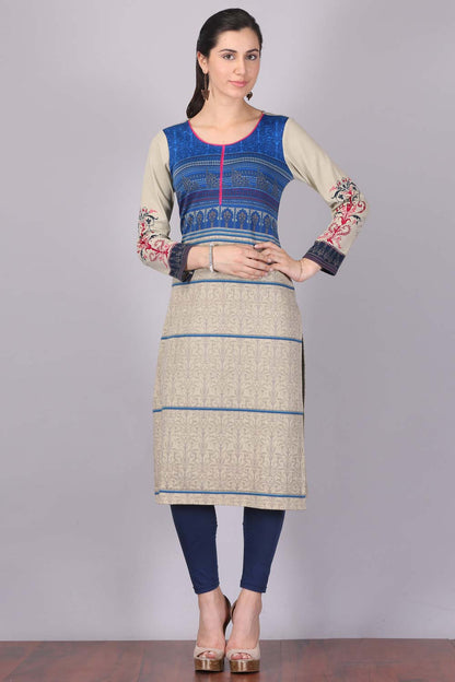 Blue &amp; Beige Printed Round Neck kurta