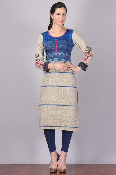 Blue & Beige Printed Round Neck kurta