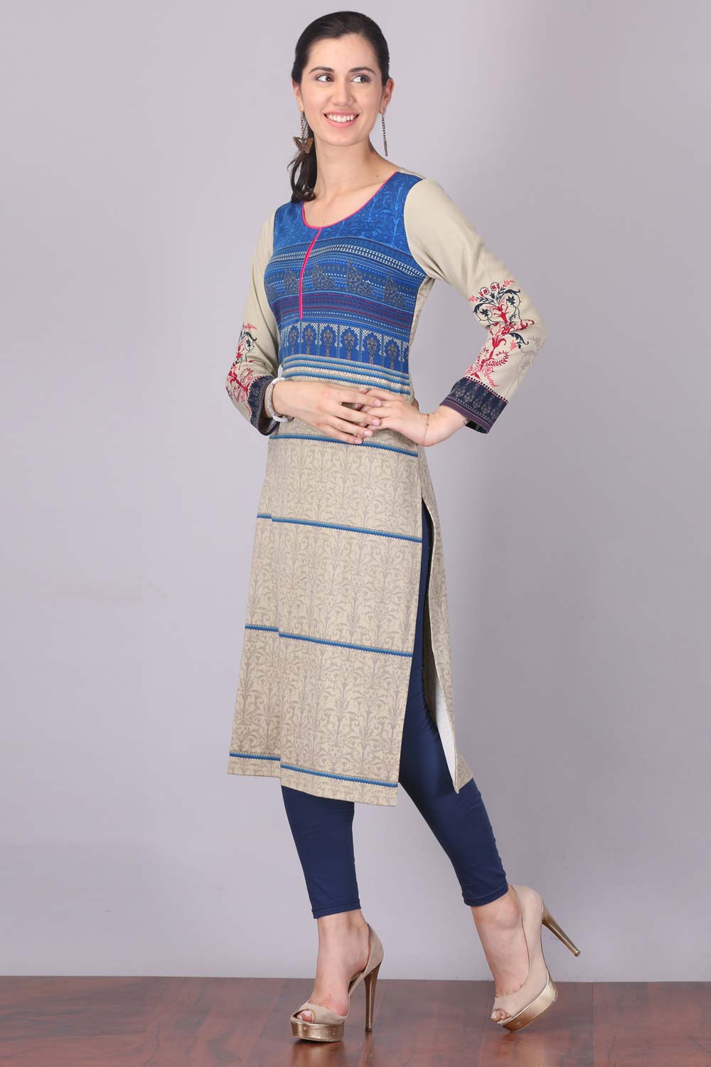 Blue &amp; Beige Printed Round Neck kurta