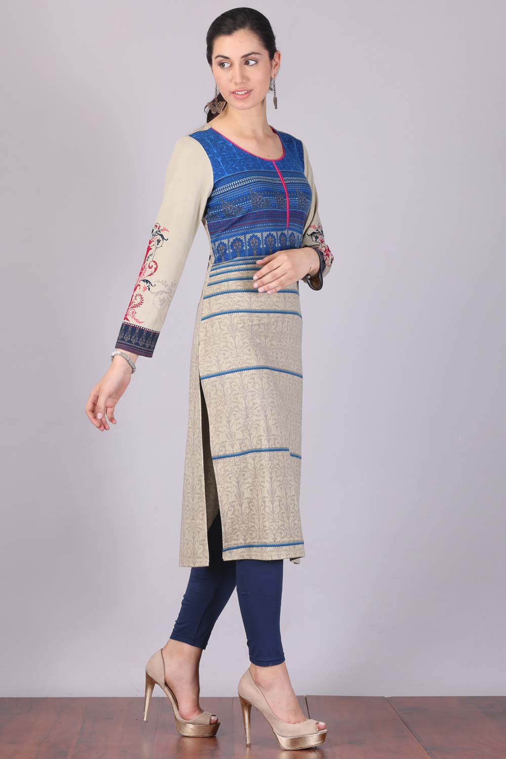 Blue &amp; Beige Printed Round Neck kurta