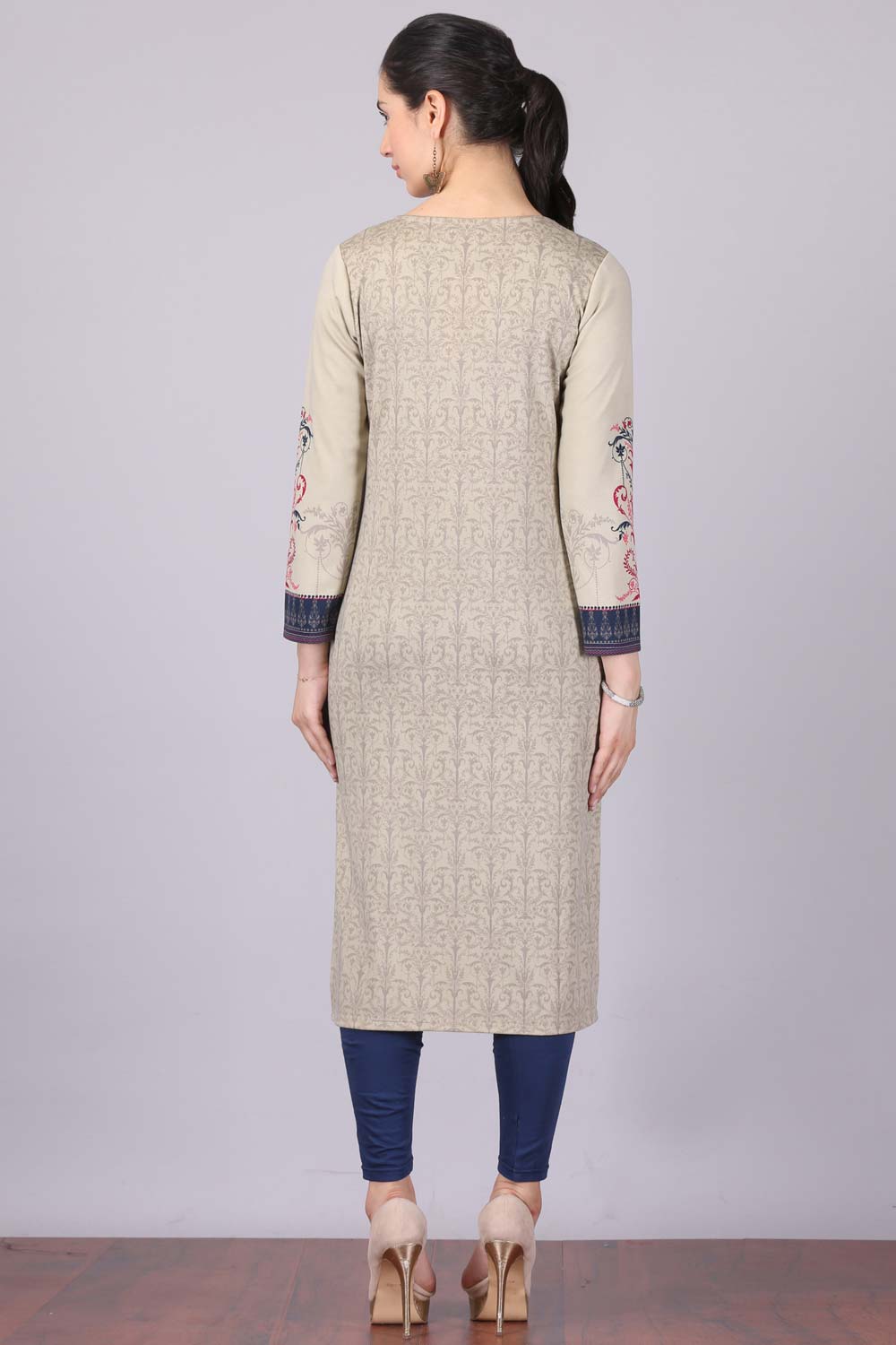 Blue &amp; Beige Printed Round Neck kurta