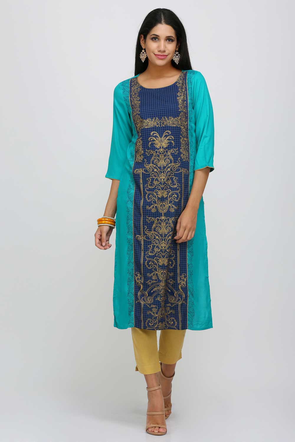 Blue Printed Round Neck kurta