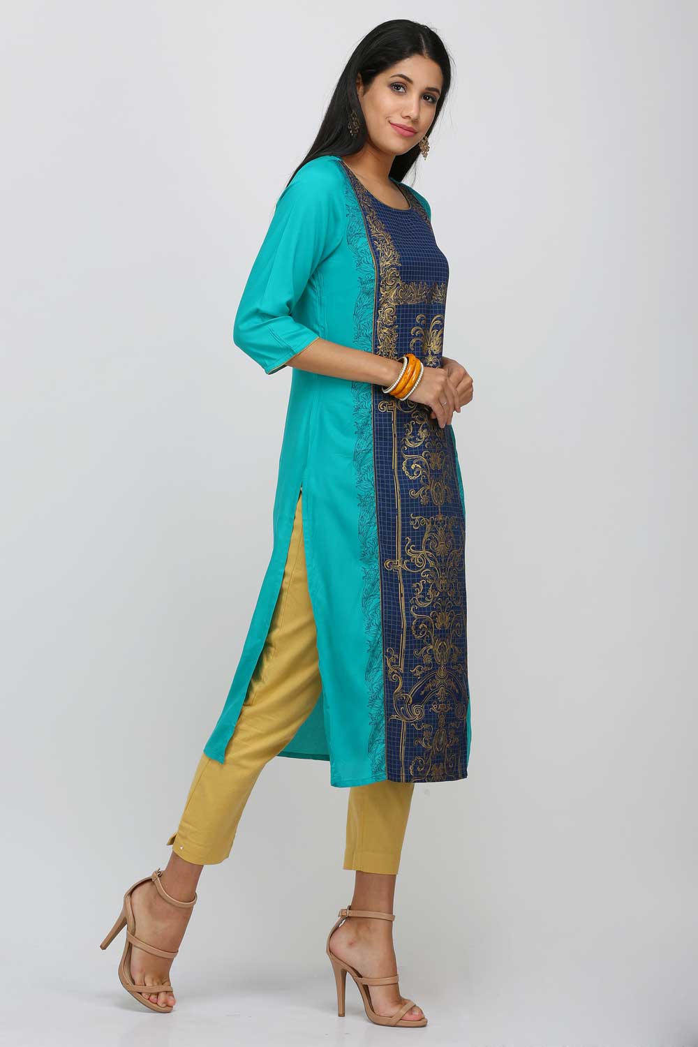 Blue Printed Round Neck kurta