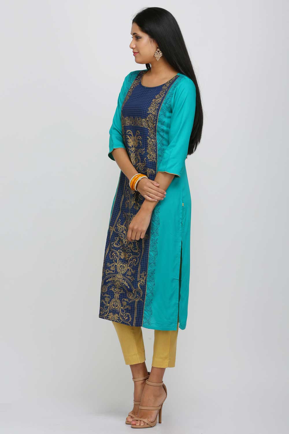 Blue Printed Round Neck kurta