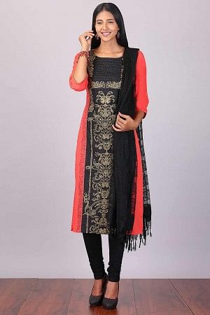 Coral Red & Navy Blue Color Blocked Printed kurta