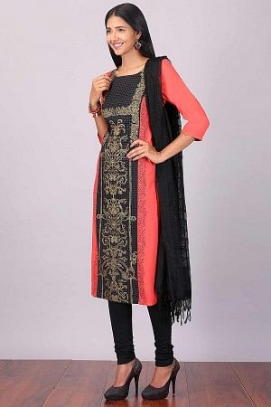Coral Red &amp; Navy Blue Color Blocked Printed kurta