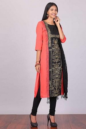 Coral Red &amp; Navy Blue Color Blocked Printed kurta