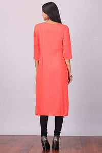Coral Red &amp; Navy Blue Color Blocked Printed kurta