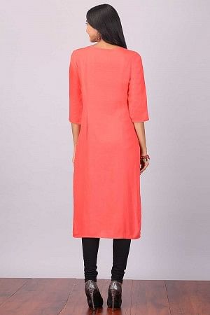 Coral Red &amp; Navy Blue Color Blocked Printed kurta