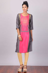 Grey &amp; Pink Printed Round Neck kurta