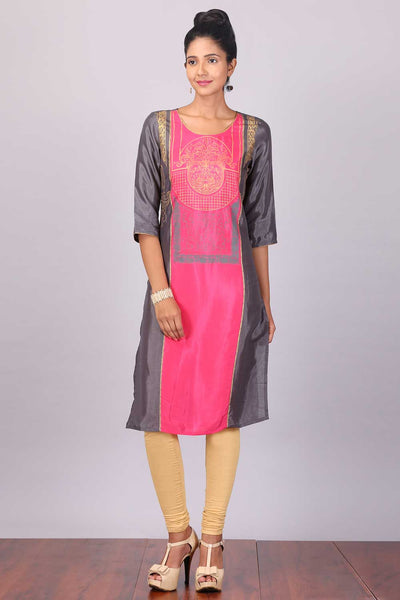 Grey & Pink Printed Round Neck kurta