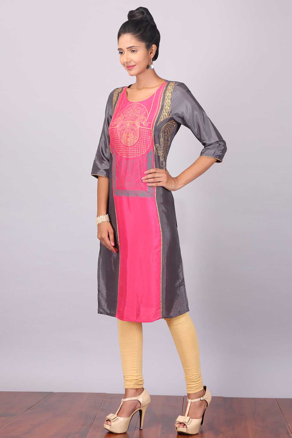 Grey &amp; Pink Printed Round Neck kurta