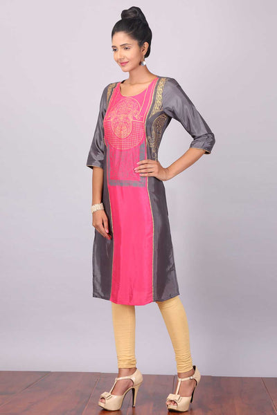 Grey & Pink Printed Round Neck kurta
