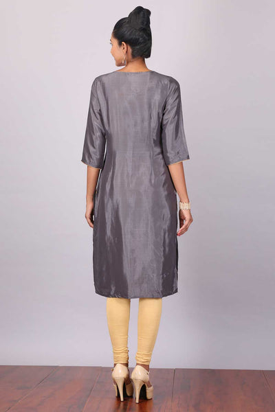Grey & Pink Printed Round Neck kurta