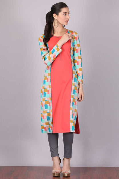 Peach Printed Round Neck Winter kurta