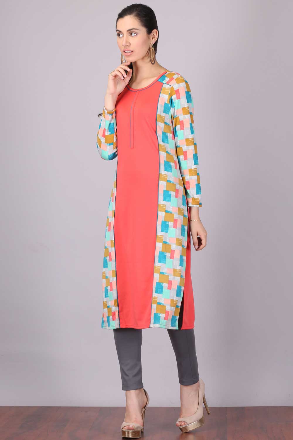 Peach Printed Round Neck Winter kurta