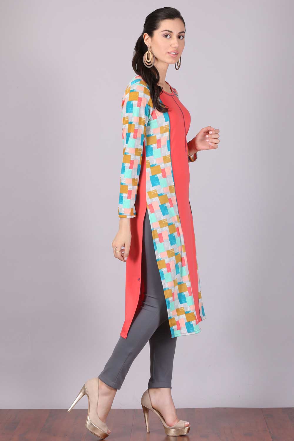 Peach Printed Round Neck Winter kurta