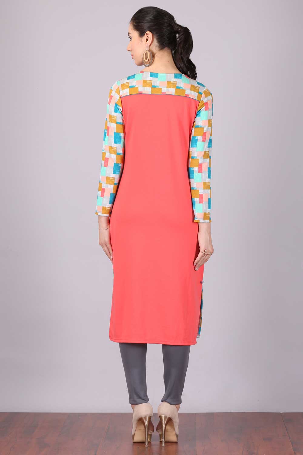 Peach Printed Round Neck Winter kurta