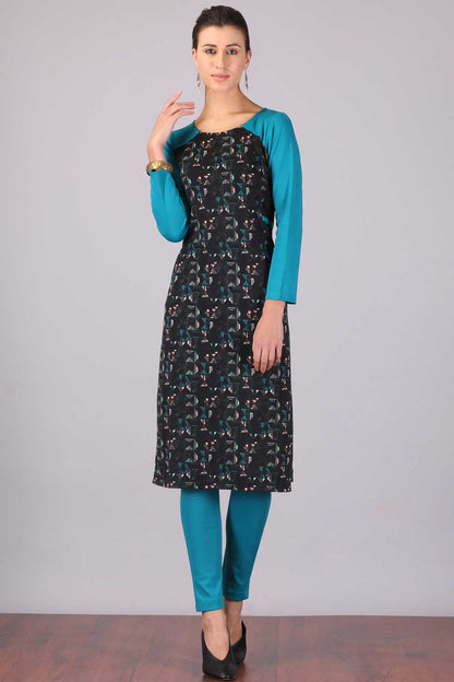 Black &amp; Blue Printed Round Neck Winter kurta