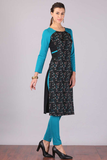 Black &amp; Blue Printed Round Neck Winter kurta