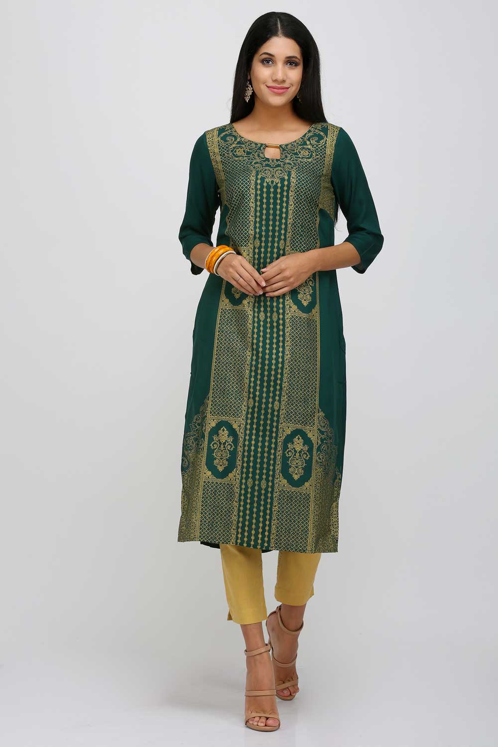 Green Printed Round Neck kurta