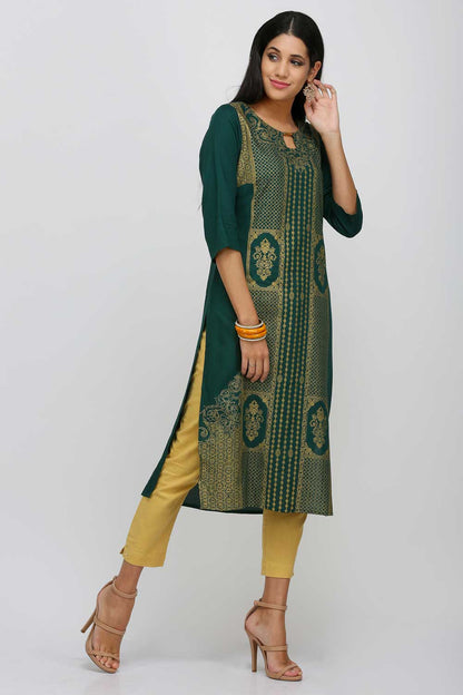 Green Printed Round Neck kurta