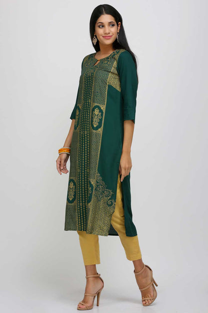 Green Printed Round Neck kurta