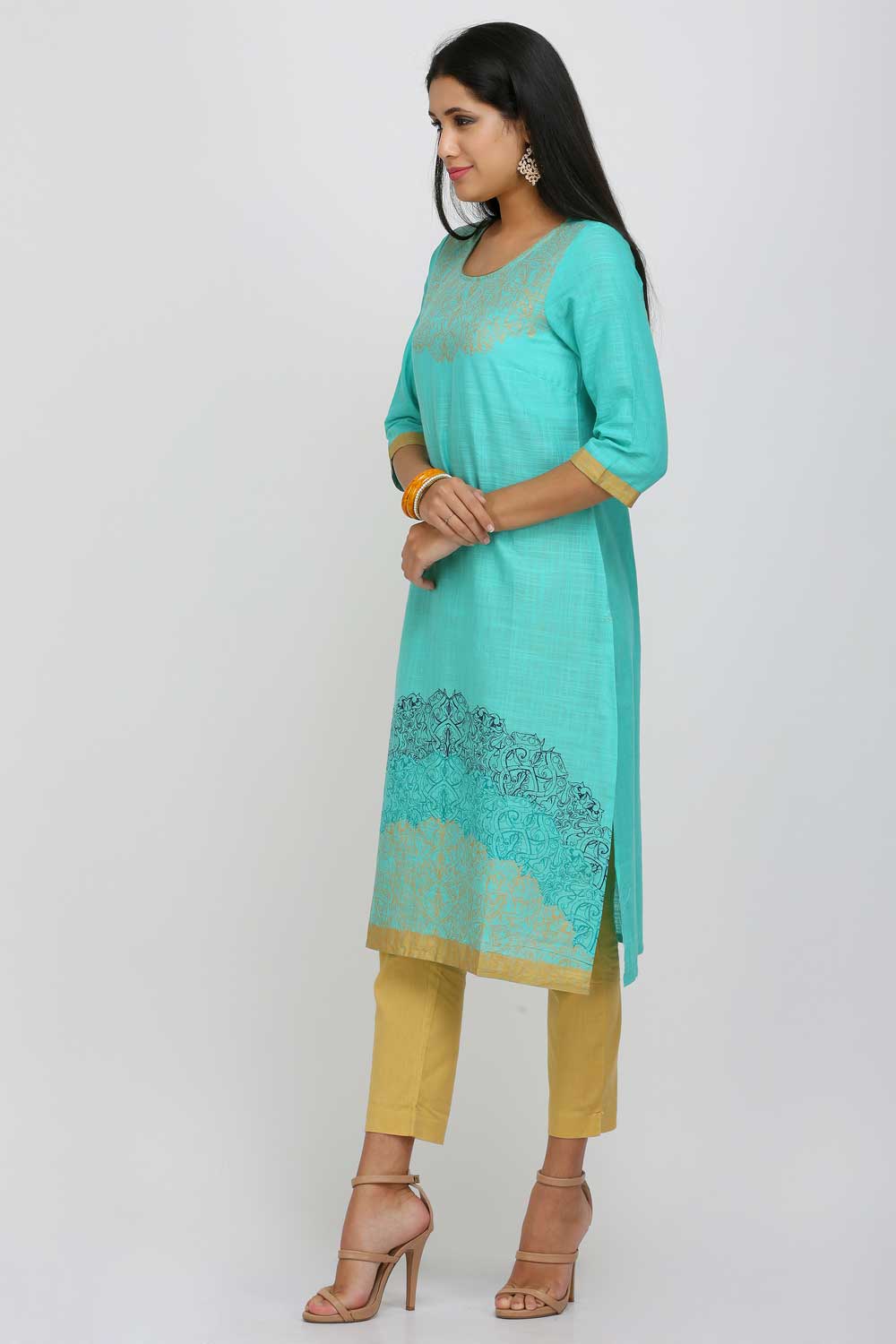 Blue Printed Round Neck kurta