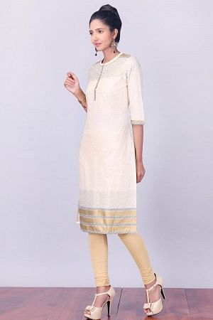 Cream 3/4 Sleeve Band Collar kurta