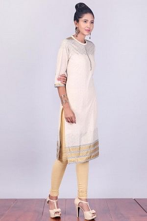 Cream 3/4 Sleeve Band Collar kurta