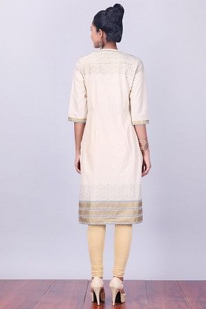 Cream 3/4 Sleeve Band Collar kurta