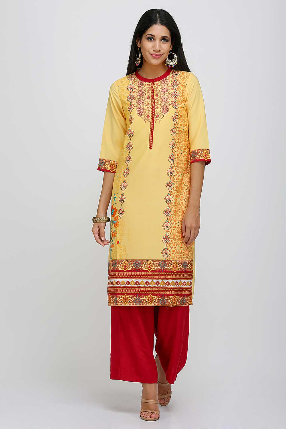 Yellow Printed Mandarin Neck kurta