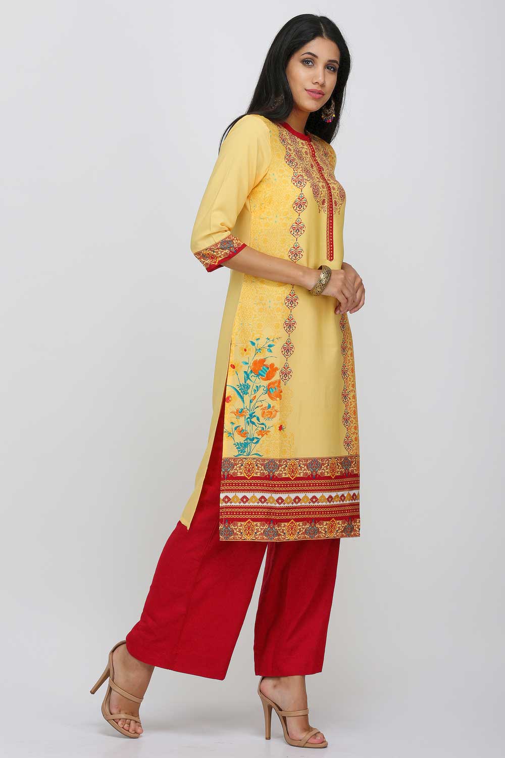 Yellow Printed Mandarin Neck kurta