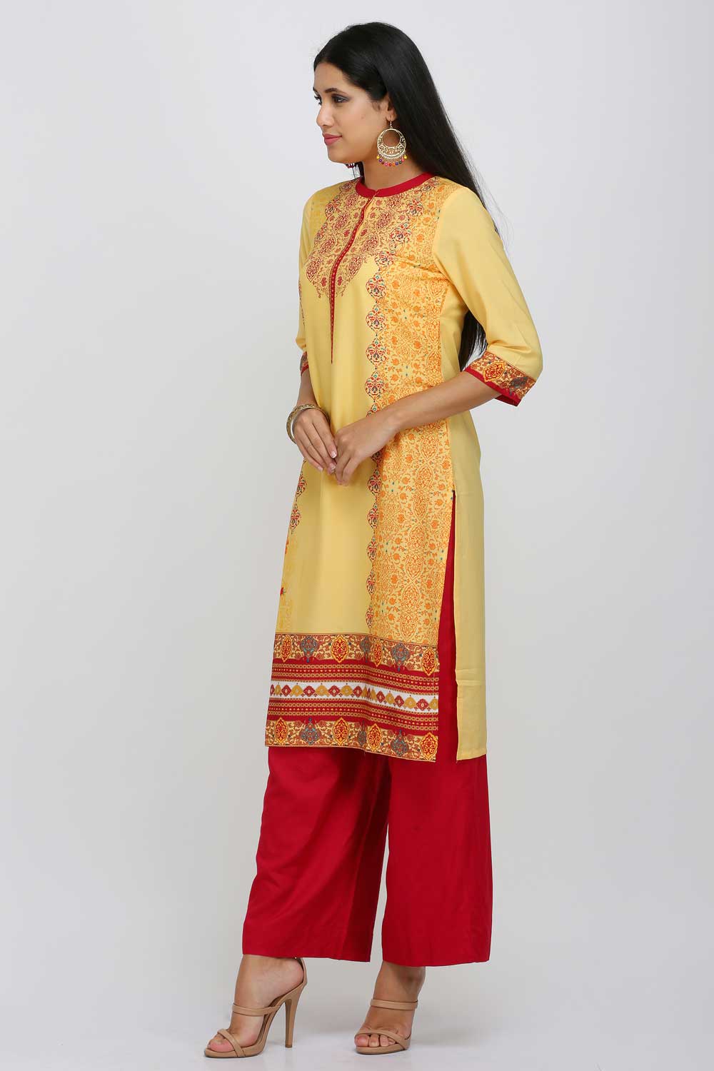 Yellow Printed Mandarin Neck kurta