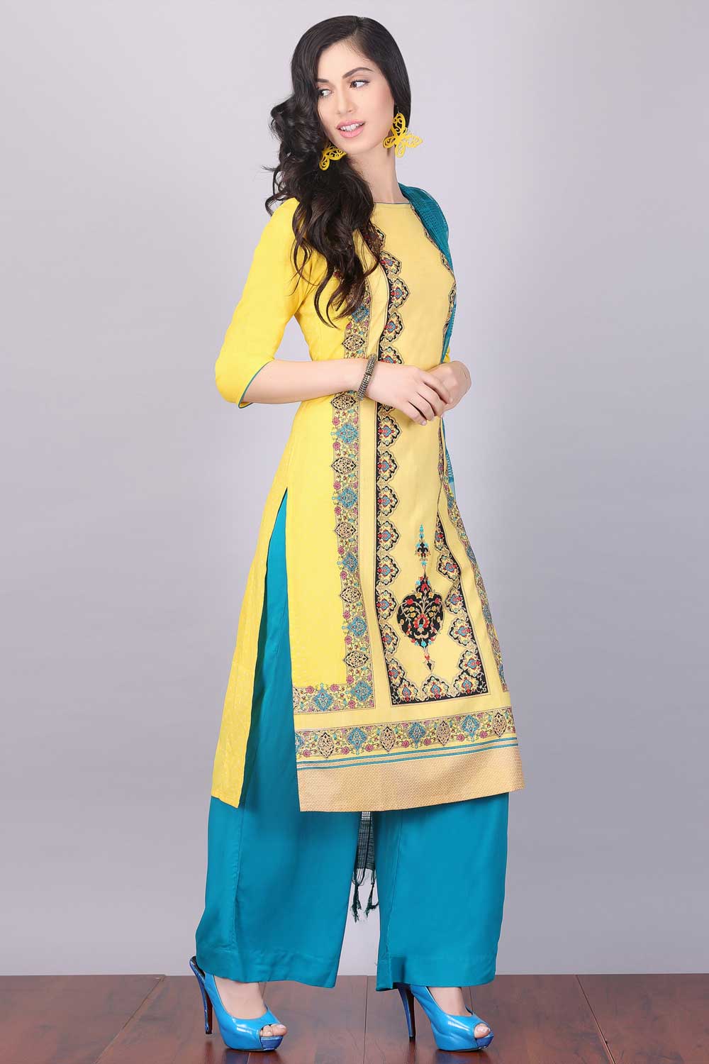 Yellow Printed Boat Neck kurta