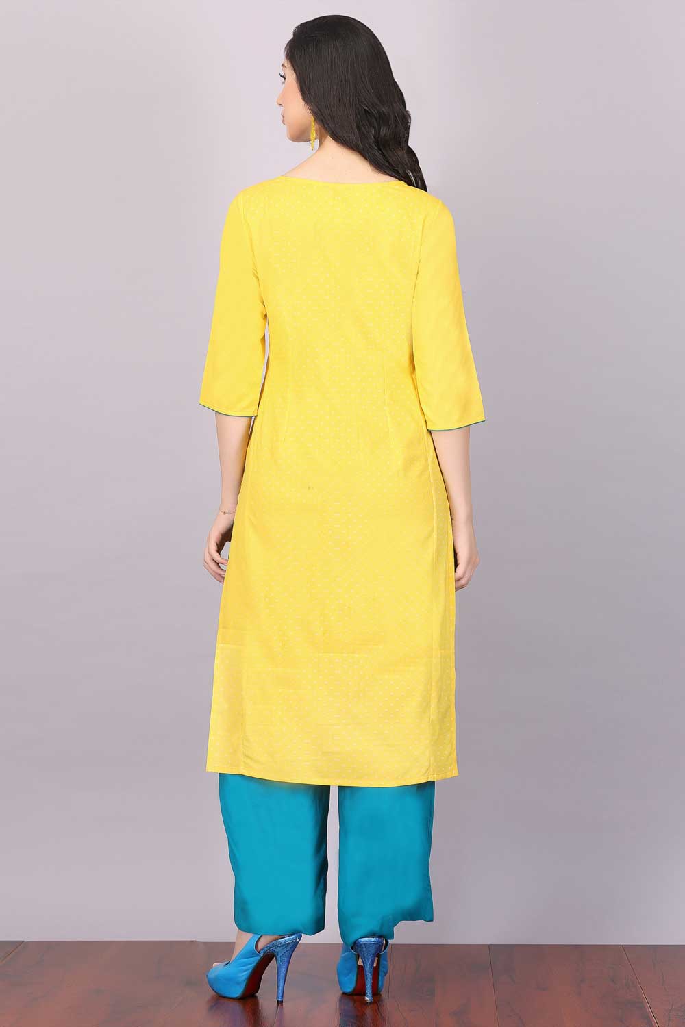 Yellow Printed Boat Neck kurta