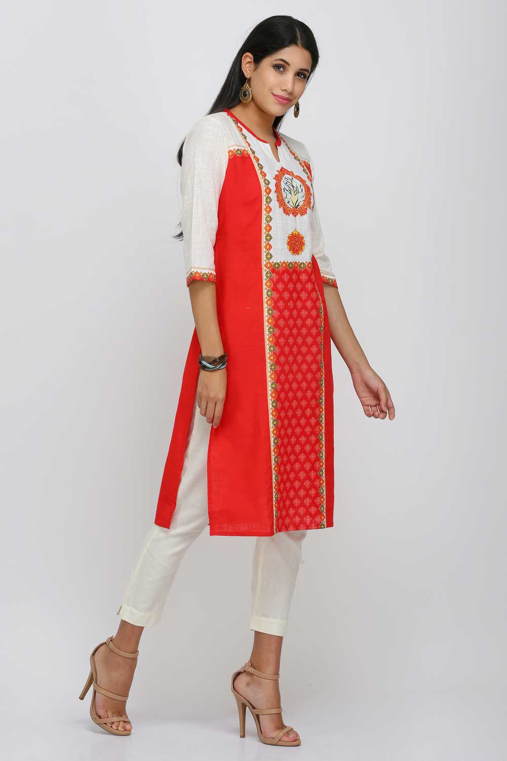 Peach Printed Round Neck kurta