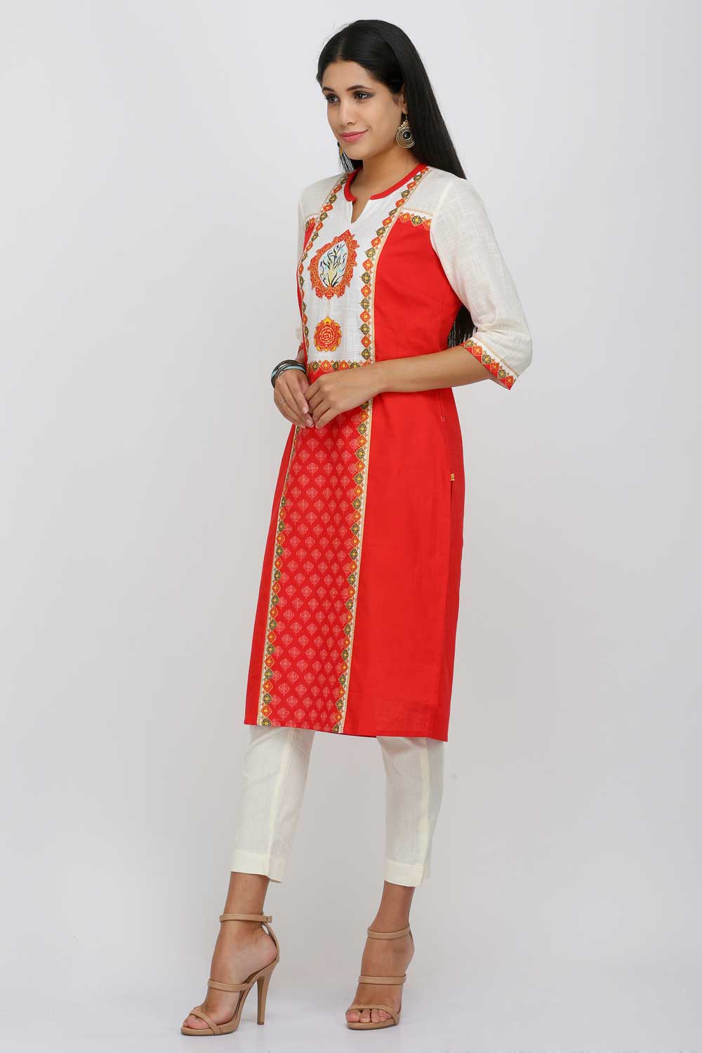 Peach Printed Round Neck kurta