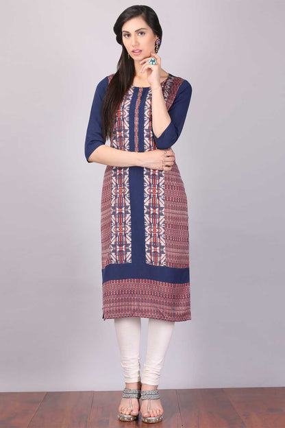 Navy Blue Round Neck Printed kurta