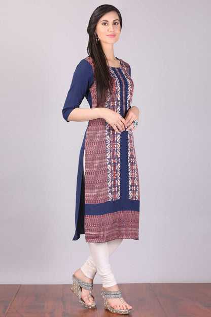 Navy Blue Round Neck Printed kurta