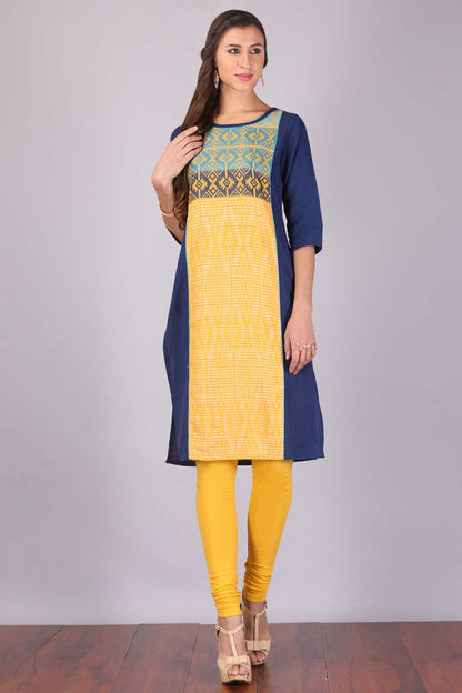 Yellow &amp; Navy Blue Color Blocked Printed kurta