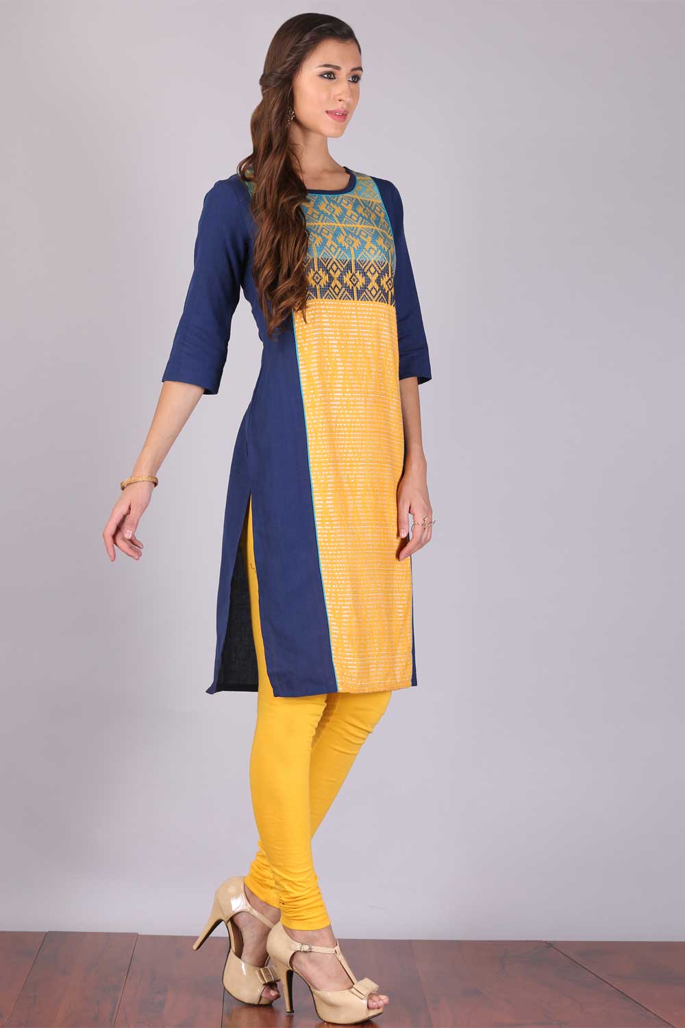 Yellow &amp; Navy Blue Color Blocked Printed kurta